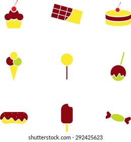 This Is Set Of Flat Deign Icon Of Dessert Topic. It Include Birtday Cake, Chocolate, Cup Muffin, Lollipop, Apple Ic Caramel, Ice-cream, Donat,eskimo, Candy