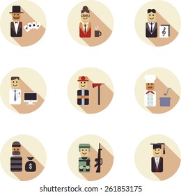 This is set of flat design icons of job topic. There are 9 flat icons, including card player, secretary, musician, clerk, firefighter, robber or burglar, cook,military or soldier,student, master