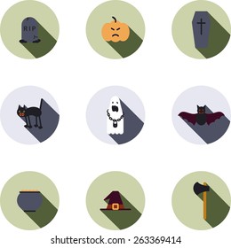 This is set of flat design icons of halloween party topic. There are 9 flat icons, including grave,Jack-o'-lantern, coffin, black cat, ghost, bat, bowler with poison, witch hat and ax