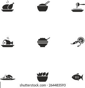 This is set of flat design icons of dishes topic. There are 9 flat icons, including chicken, eastern food or oriental cuisine, pasta, rice, ham, pan-asian food, shrimp, salad, fish