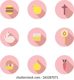 This is set of flat design icons of Easter topic including egg, chick, cross or crucifix,bunny, cake,candle,basket with color egg,dome of a church, and carrot.