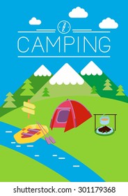This Is Set Of Flat Design Illustration Of Camping Topic.Moonrise Kingdom Style.There Are Tent, Fire, Kayak, Boiler. Use It For Web, Print, Card, Advertising Or At You Will