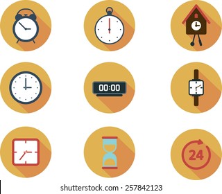 This is set of flat icons clock topic including service, timer, cuckoo clock, hair, round-the-clock, alarm, sand clock