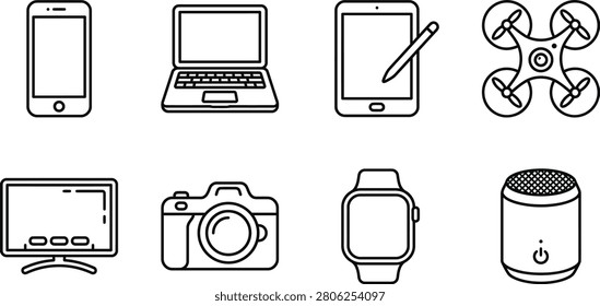 This is a set of flat line icons representing various electronic devices, including a smartphone, laptop, and camera, on a white background.