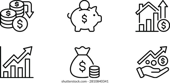 This is a set of flat line icons depicting financial concepts such as money, a piggy bank, and growth charts, all on