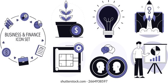 This set of flat, line-style icons depicts various business and finance concepts.