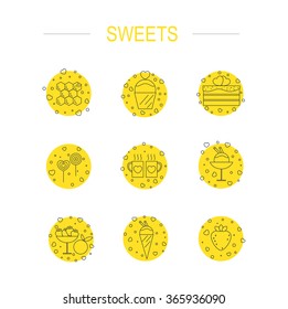 This is set of flat  thin line design icon of dessert topic. It include birthday cake, chocolate, cup muffin, lollipop, apple in caramel, ice-cream, donat,eskimo, candy
