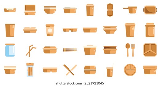 This is a set of food container icons showing bowls, trays, cups, jars, cutlery and chopsticks