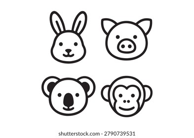This is a set of four animal head silhouettes – a rabbit, pig, koala, and monkey – rendered in black