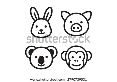 This is a set of four animal head silhouettes – a rabbit, pig, koala, and monkey – rendered in black