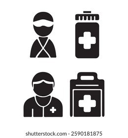 This set of four black and white icons depicts medical personnel and supplies.