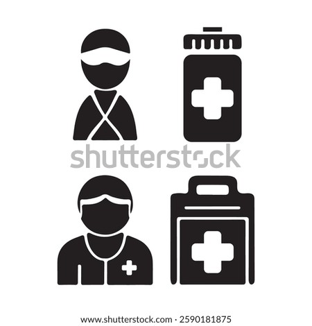 This set of four black and white icons depicts medical personnel and supplies.