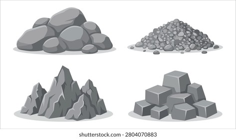 This set of four cartoon illustrations displays different gray stone piles, including rounded boulders, small gravel, sharp craggy mountain peaks, and cubic rock block formations.
