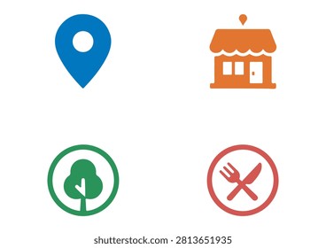 This set of four colorful icons features a versatile mix of location markers and navigation symbols, including icons for a general location pin, a storefront, a park, and a dining establishment. With a clean, minimalist, and flat-design style, these vector icons are perfect for travel applications, map interface design, local business websites, food delivery services, and digital marketing materials that require a modern, user-friendly, and visually appealing way to represent geographic points and points of interest.

#LocationIcons #MapMarkers #NavigationDesign #TravelIcon #GPS #VectorGraphic #MinimalistIcons #DigitalMapping #PointOfInterest #NavigationSymbols