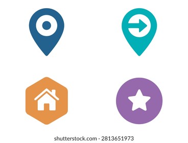 This set of four colorful icons features a versatile mix of location markers, navigation symbols, a home icon, and a star, all rendered in a clean, minimalist, and flat-design style. Perfect for travel applications, map interface design, local business websites, delivery services, and digital marketing materials, these vector icons offer a modern and visually appealing way to represent geographic points, home locations, and points of interest in any creative project.

#LocationIcons #MapMarkers #NavigationDesign #TravelIcon #GPS #VectorGraphic #MinimalistIcons #DigitalMapping #HomeIcon #StarSymbol
