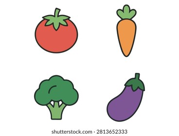 This set of four colorful icons features a variety of popular fresh vegetables, including a tomato, carrot, broccoli, and eggplant, all rendered in a clean, minimalist, and flat-design style. These versatile vector illustrations are perfect for food and culinary projects, healthy eating applications, nutrition-themed websites, grocery or market branding, and digital design assets that require a modern, user-friendly, and appetizing way to represent fresh produce.

#VegetableIcons #FreshProduce #HealthyEating #CulinaryDesign #FoodIllustration #MinimalistIcons #VectorFood #NutritionGraphic #MarketIcon #CookingIngredients