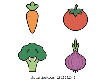 This set of four colorful icons features a variety of popular fresh vegetables, including a carrot, tomato, broccoli, and red onion, all rendered in a clean, minimalist, and flat-design style. These versatile vector illustrations are perfect for food and culinary projects, healthy eating applications, nutrition-themed websites, grocery or market branding, and digital design assets that require a modern, user-friendly, and appetizing way to represent fresh produce.

#VegetableIcons #FreshProduce #HealthyEating #CulinaryDesign #FoodIllustration #MinimalistIcons #VectorFood #NutritionGraphic #MarketIcon #CookingIngredients