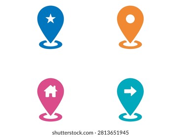 This set of four colorful location pin icons features a clean, stylized design, with each map marker containing distinct symbols for navigation, destinations, home, and points of interest. Perfect for travel apps, map interface design, local business websites, delivery services, and digital marketing materials, these versatile vector icons offer a modern and visually appealing way to represent geographic points and navigational guidance in any creative project.

#LocationPin #MapMarker #NavigationDesign #TravelIcon #GPS #VectorGraphic #MinimalistIcons #DigitalMapping #TechIllustration #UserInterface