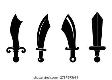 This set of four distinct black silhouette icons features an assortment of antique swords and curved blades showing sharp edges and detailed hilts isolated on a white background as a professional vector graphic for gaming or historical design themes