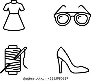 This is a set of four line icons depicting a dress, eyeglasses, a spool of thread, and a high-heeled shoe on a white