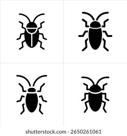This set of four silhouette insect icons features cockroaches in a simple style, isolated against a clean white background. Their distinct anatomical features are well-defined.