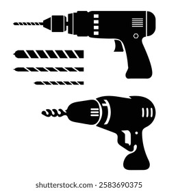 This set of four simple, black and white icons depicts various power drills.