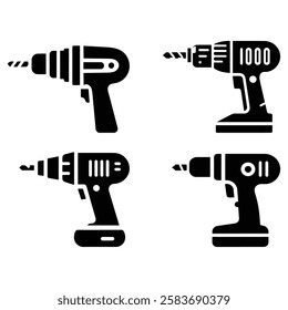 This set of four simple, black and white icons depicts various power drills.