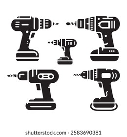 This set of four simple, black and white icons depicts various power drills.