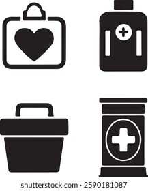 This set of four simple, black and white icons depicts various medical supplies: an antiseptic kit, a medical backpack, a first-aid box, and a medicine cabinet.