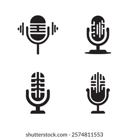 This set of four simple, black-and-white vector illustrations depicts microphones with varying design styles.