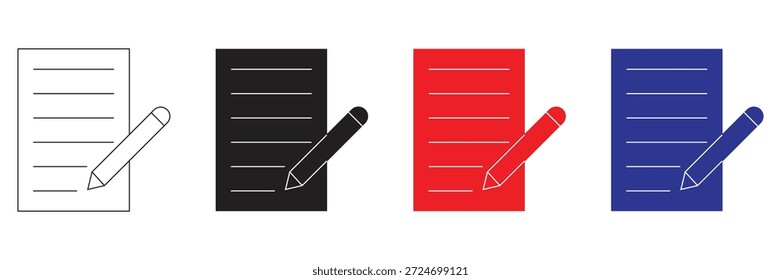 This is a set of four simple icons showing a pencil writing on a paper. You get outline, black, red, and blue versions.