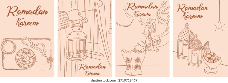 Este conjunto de cuatro Anuncios de Vertical presenta hermosas ilustraciones de arte lineal que celebran el mes sagrado del Ramadán Kareem. Cada tarjeta captura un elemento tradicional único: un cuenco de dátiles con cuentas de oración (Tasbih), una mano que sostiene una linterna vintage (Fanous) por una ventana, un quemador de incienso (Bakhoor) con humo en ascenso y una escena serena con linternas decorativas y un cuenco de luna creciente. Diseñados en una paleta de colores melocotón y terracota, estos Vectores minimalistas y modernos dibujados a mano son perfectos para historias de redes sociales, tarjetas de felicitación e invitaciones a eventos religiosos. La línea de trabajo limpia y la tipografía elegante ofrecen una estética sofisticada para las fiestas islámicas, el Eid al-Fitr y las reuniones comunitarias. Este conjunto de Vectores de alta calidad proporciona recursos gráficos versátiles para el marketing digital y los medios impresos durante el mes de ayuno.