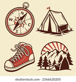 This set of four vintage-style illustrations features a compass, a camping tent, a pair of hiking shoes, and a mountain scene with a tent, all set against a cream background