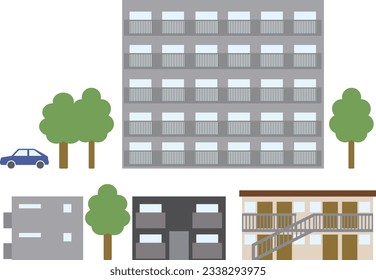 This is a set of frontal illustrations of various apartment complexes.