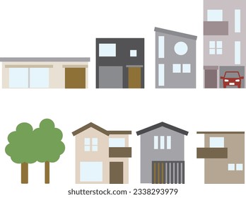 This is a set of frontal illustrations of various houses.