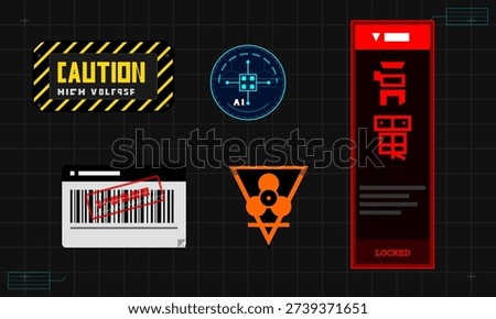 This set of futuristic graphic elements features a caution high voltage sign, an artificial intelligence icon, a barcode with a stamp, a hazard symbol, and a red locked interface panel.