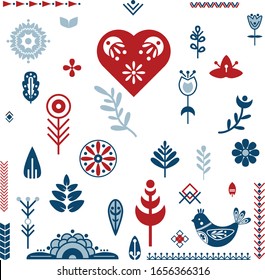 This set of a great clipart  «Scandinavian collection».Folk art vector ornament with birds, heart and flowers. Scandinavian design