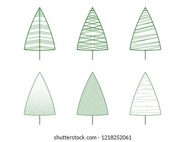 This is a set of green Christmas tree icons isolated on a white background. Vector illustration.
