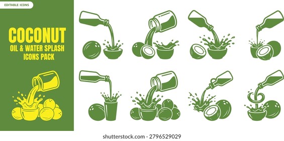 This is a set of green vector icons depicting coconuts, coconut oil, and water splashes, presented in a distinctive silhouette style.