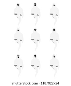 In this set of halloween there are nine facial expressions of the same ghost on a white background