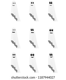 In this set of halloween there are nine facial expressions of the same ghost on a white background