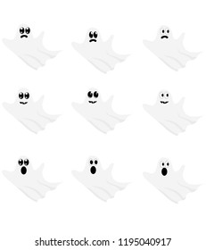 In this set of halloween there are nine facial expressions of the same ghost on a white background
