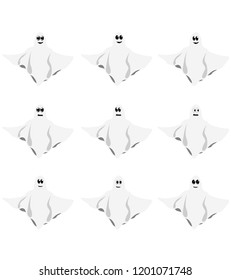 In this set of halloween there are nine facial expressions of the same ghost on a white background