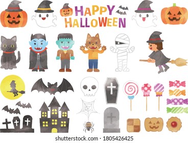 This is a set of halloween watercolor style illustrations