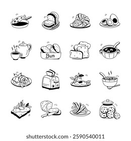 This set of hand drawn icons depicts various breakfast items
