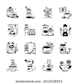 This set of hand drawn illustrations depicts various stages of the coffee process, from bean to cup