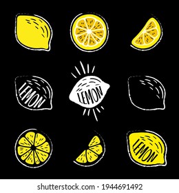 This is a set of hand drawn lemons. Pencil, pen in cartoon style. Isolated on black background. For logo print on t-shirt, bag, sticker.
