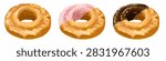 This is a set of hand-painted, thick-style old-fashioned donuts (plain, chocolate-glazed, and strawberry-chocolate-glazed). Vector data is available. They can be used as menu assets or illustrations.