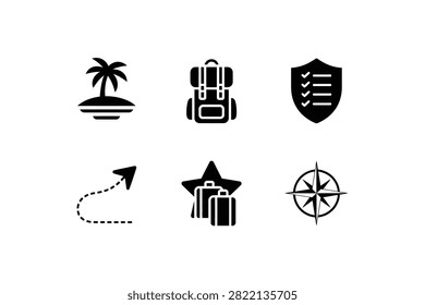 This set of high quality black vector icons captures essential travel themes including tropical islands backpacks and protective insurance shields alongside navigational aids like compass roses and destination routes for modern professional design projects