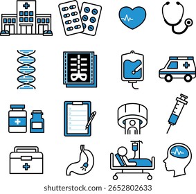 Este é um conjunto de ilustrações em ícones de hospitais. Espero que seja de alguma ajuda.